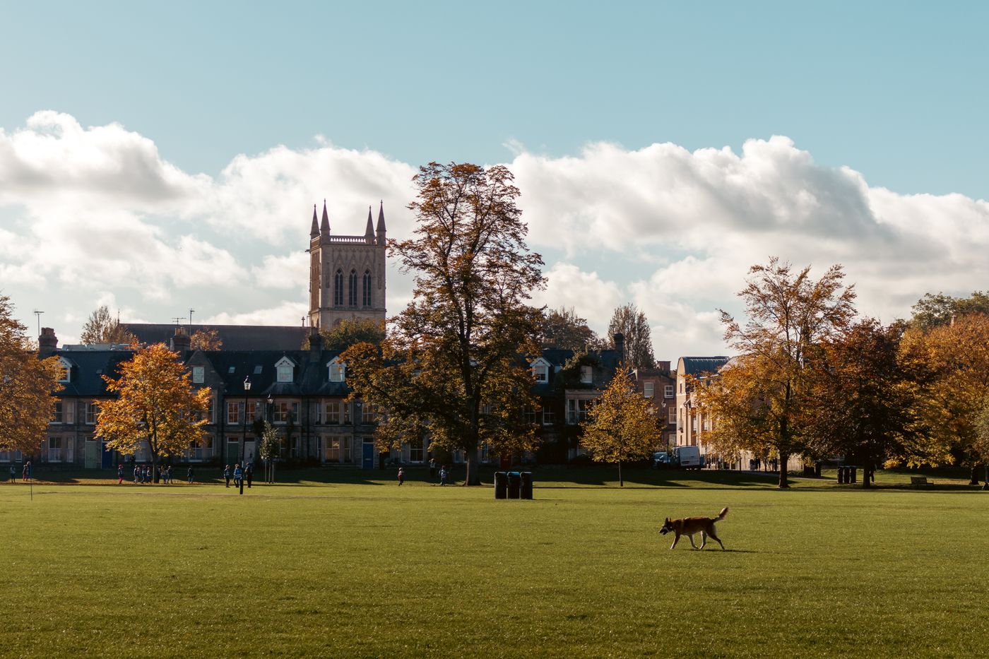 A Cambridge college seen across an open lawn under an overcast autumn sky